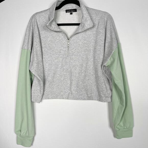 Blue Blush Small S Gray Green Colorblock Cropped 1/4 Zip Sweatshirt Pullover - Picture 1 of 9
